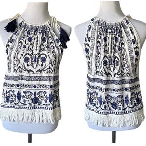 Mango Blue and White Embroidered Halter Top